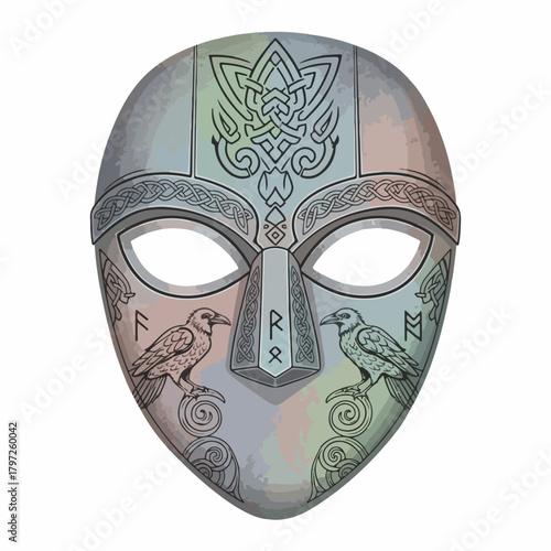 Detailed Ornamental Viking Mask Illustration Scandinavian Culture Ancient Warrior Artifact