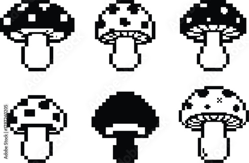 Pixel Mushroom Icon Pack – Retro Fungi Symbols, Forest Relics & 8-Bit Nature Designs in Black on White