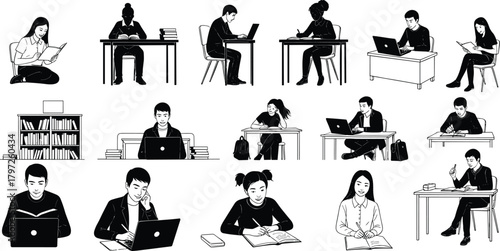 study, student, silhouette, reading, writing, laptop, desk, notebook, posture, learning, education, focus, bookshelf, academic, concentration