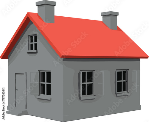 3D illustration of gray house with red roof, windows and chimney, minimalist home architecture, simple residential building model design