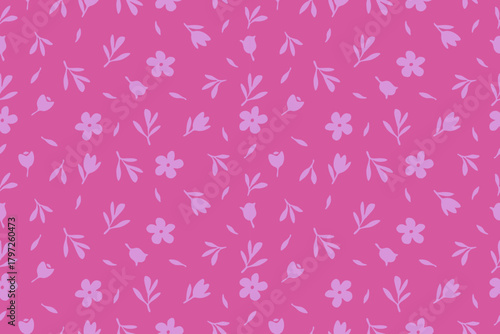 Seamless pink floral pattern with soft lavender blossoms and leaves, creating a cute, feminine and modern background perfect for design and decoration. Lovely.
