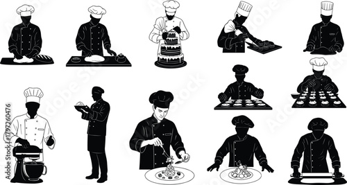 chef, baking, pastry, silhouette, dessert, dough, cake, icing, cookies, rolling, plating, mixer, piping, garnish, preparation