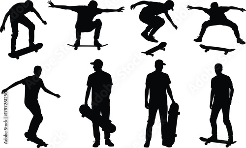 Skateboard silhouette, urban sport, trick pose, skateboarding action, youth movement, black vector, dynamic jump, rider stance, extreme activity, isolated figure