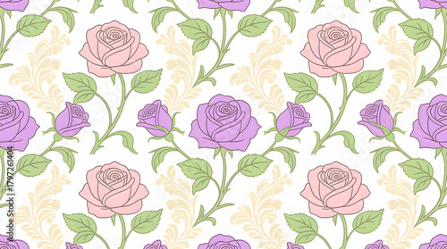 A classic repeating design featuring stylized pink and lavender roses with green vines on a white background.