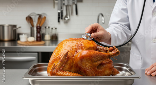 Close-up of roasted turkey with doctor using stethoscope, symbolizing food safety, health inspection and cooking concept, holiday, celebration