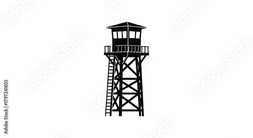 A stark black and white illustration of a tall guard tower structure