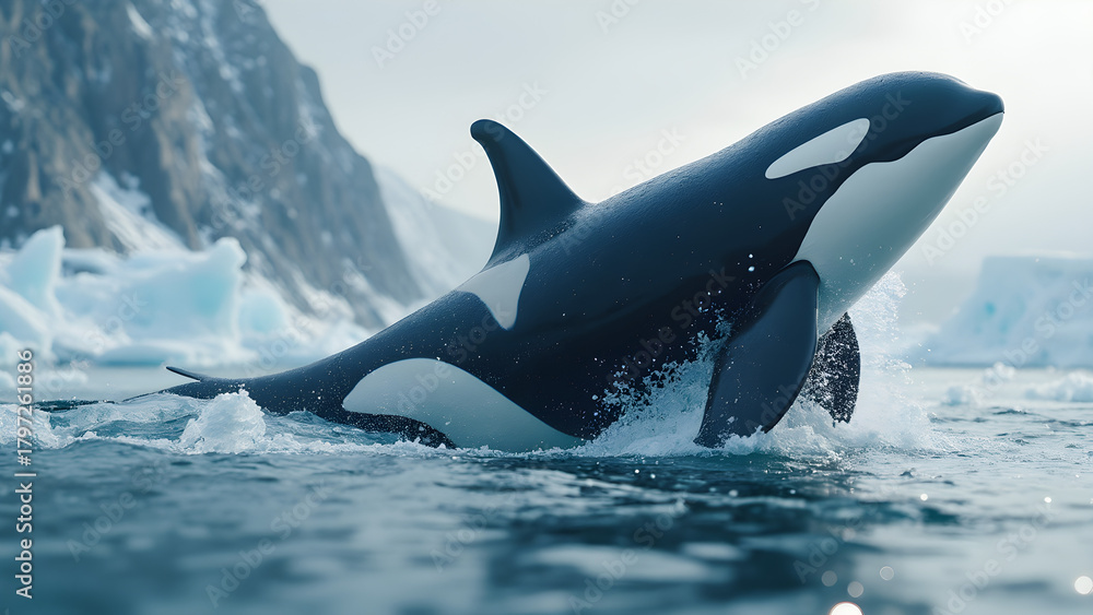 Fototapeta premium Harlequin-patterned orca in icy landscape. Ultra realistic orca emerging from ice. Stunning orca photography in polar environment. Majestic whale scenes in winter landscape.