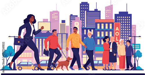 Diverse people walking in modern city street, businesswoman, pedestrians, urban lifestyle, daily routine, cityscape background, multicultural community illustration