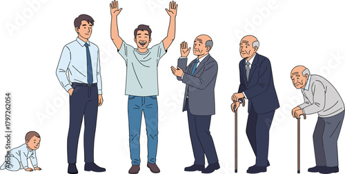 Human life stages from baby to elderly man, aging process illustration, growth and development concept, stages of male life journey