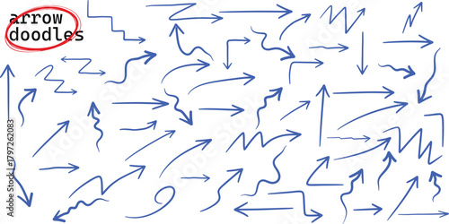 Blue pen arrow collection on checkered paper sheet. Hand drawn crayon various arrows, curved, wavy and straight lines. Direction pointers for notes, doodle and school design. Playful emphasis elements