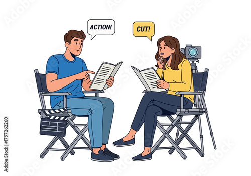Actors in Director's Chairs Reading Scripts with "Action!" and "Cut!" Speech Bubbles