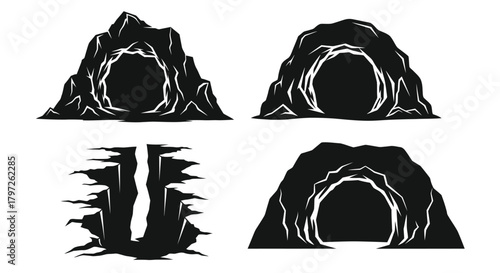 Detailed black and white illustrations of rocky mountain caves and openings
