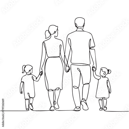 Minimalist Single Line Art of Parents and Two Children