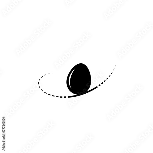 Black egg in minimalist design with swirling lines on white background  