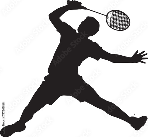 Silhouette of a male badminton player in action hitting a shuttlecock with a racket