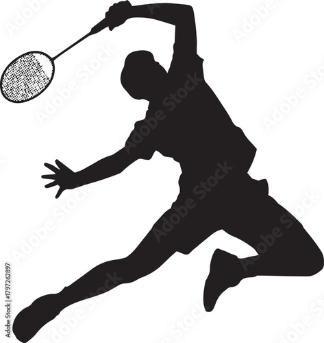 Dynamic silhouette of a badminton player performing a powerful overhead smash during a match