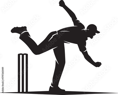 Silhouette of a cricket bowler in action delivering a ball with wickets