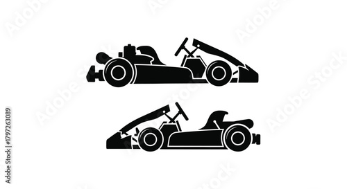 Black silhouette of two racing go karts shown in different perspectives