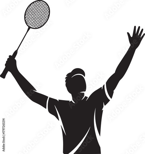 Silhouette of a triumphant badminton player raising racket and arms in victory celebration