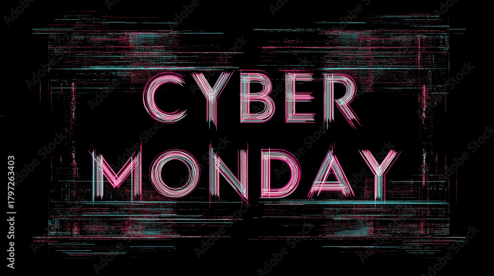 Fototapeta premium Cyber Monday Text Glitch Effect Graphic on Black Background