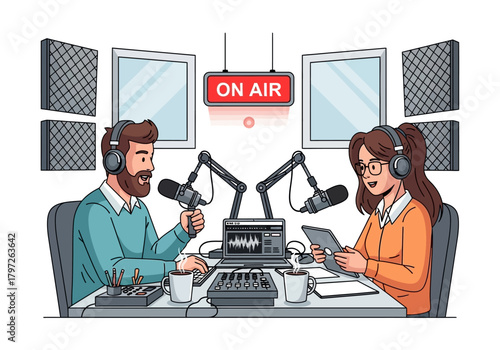 Cartoon Podcasters: Man and Woman Recording with Microphones and Headphones