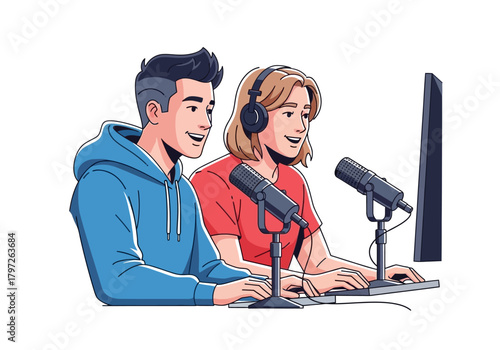 Cartoon Podcasters: Man in Hoodie, Woman with Headphones, Microphones, and Computer