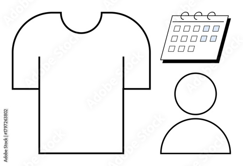Minimalist T-shirt outline, calendar, and user icon illustrating customization, scheduling, user association, planning, personal organization. Ideal for business, fashion productivity branding