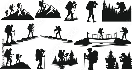 hiking, nature, silhouette, adventure, exploration, mountain, forest, trail, backpack, trekking, stream, bridge, climbing, photography, outdoor