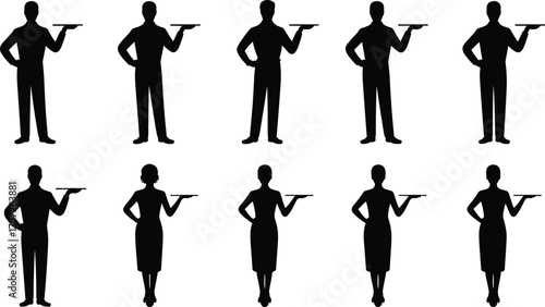 Waiter silhouette, tray holder, service staff, hospitality worker, black vector, male female pose, job icon, uniformed figure, standing person, isolated graphic