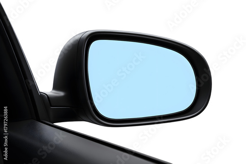 Black car side mirror showing a blank blue reflection, automotive accessory detail, isolated on transparent background