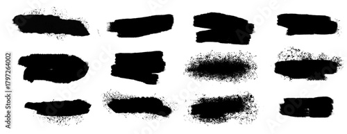 Bold black brush strokes with splatters, scribble texture, spray paint, grunge style. Dried stencil smear, ink stains with paint drips and dirty scribbles for logo of black and white paint splashes