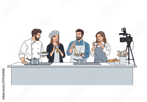 Cooking Show Team: Chefs and Guests Preparing Food for Video Recording