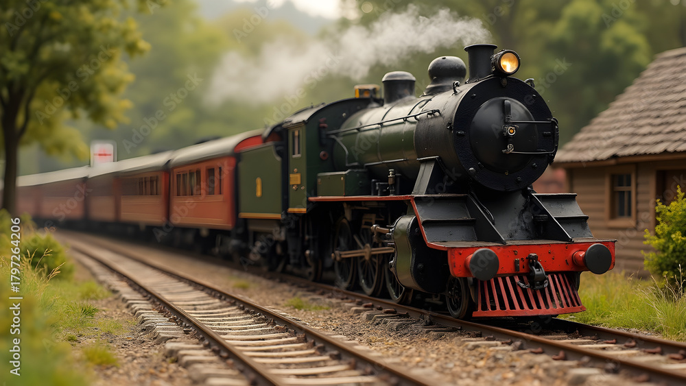 Fototapeta premium Historic train journeys on wooden tracks. Vintage locomotives and wooden railways. Realistic train models in history. Exploring train travel in the golden age.