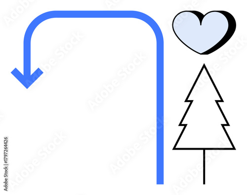 Blue arrow curving down, light blue heart, simple geometric pine tree evoke navigation, love, and nature. Ideal for eco-awareness, sustainability, guidance, direction love minimalism emotional