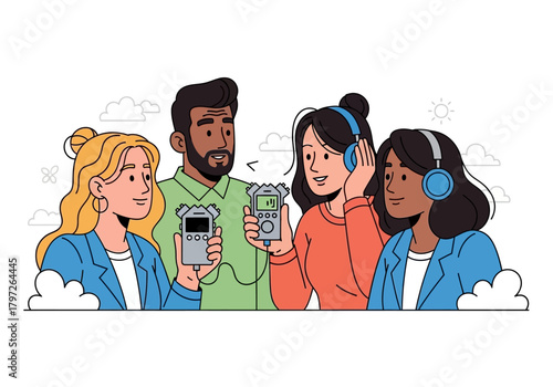 Diverse Group Recording Audio with Portable Recorders and Headphones