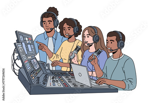 Diverse Team Operating Audio Mixing Console with Microphones and Headsets