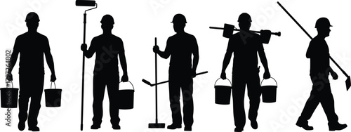 Worker silhouette, manual labor, construction tools, black vector, bucket carrier, long handle tool, maintenance pose, job icon, isolated figure, work gear
