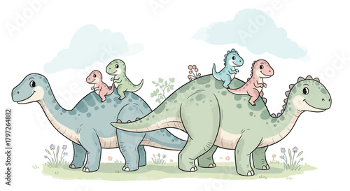 Adorable dinosaur family parade with happy baby dinos riding on their parents backs in a sweet cartoon illustration for kids content