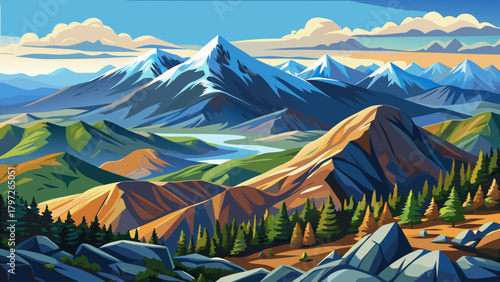 Very beautiful view from Mount Washington in New Hampshire, featuring sweeping alpine ridges, vast valleys, and rugged terrain under clear bright skies, capturing the dramatic high-elevation scenery 