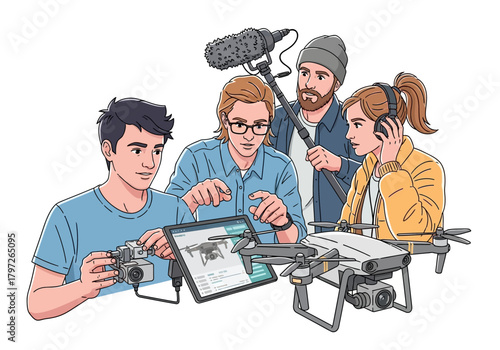 Drone Videography Team: Tablet, Camera, Microphone, and Headphones