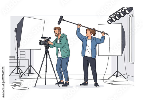 Film Crew: Cameraman with Camera and Boom Operator with Microphone