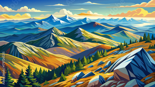 Very beautiful view from Mount Washington in New Hampshire, featuring sweeping alpine ridges, vast valleys, and rugged terrain under clear bright skies, capturing the dramatic high-elevation scenery o