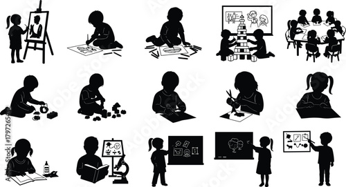 children, learning, creativity, silhouette, drawing, painting, reading, building, science, chalkboard, classroom, education, play, development, activity