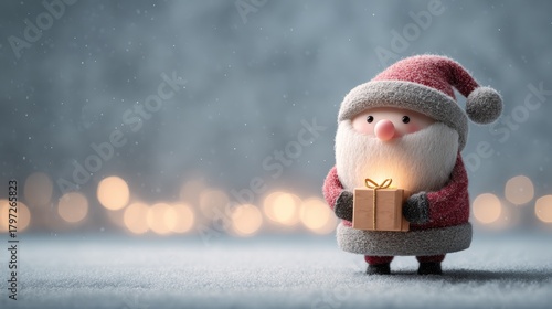 Cute Santa Claus character holding a glowing gift box in a snowy scene