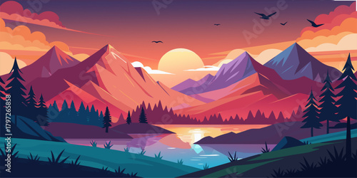 Premium Low Poly / Flat Art Landscape Vector: A clean, scalable, high-resolution illustration for any design. Ideal for web backgrounds, book covers, or nature-themed branding. Perfect Gradient Colors