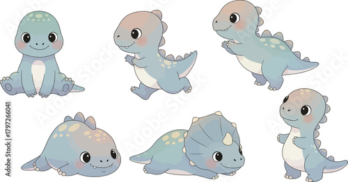 Adorable cartoon dinosaurs for kids' designs and playful projects, creating smiles and sparking imagination with their cute expressions and pastel colors
