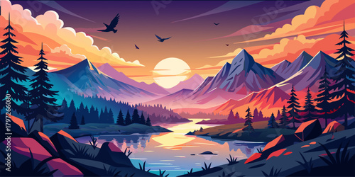 Premium Low Poly / Flat Art Landscape Vector: A clean, scalable, high-resolution illustration for any design. Ideal for web backgrounds, book covers, or nature-themed branding. Perfect Gradient Colors