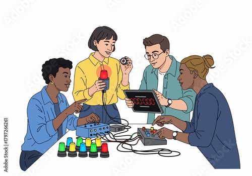 Four People Working Together on a Complex Electronic System