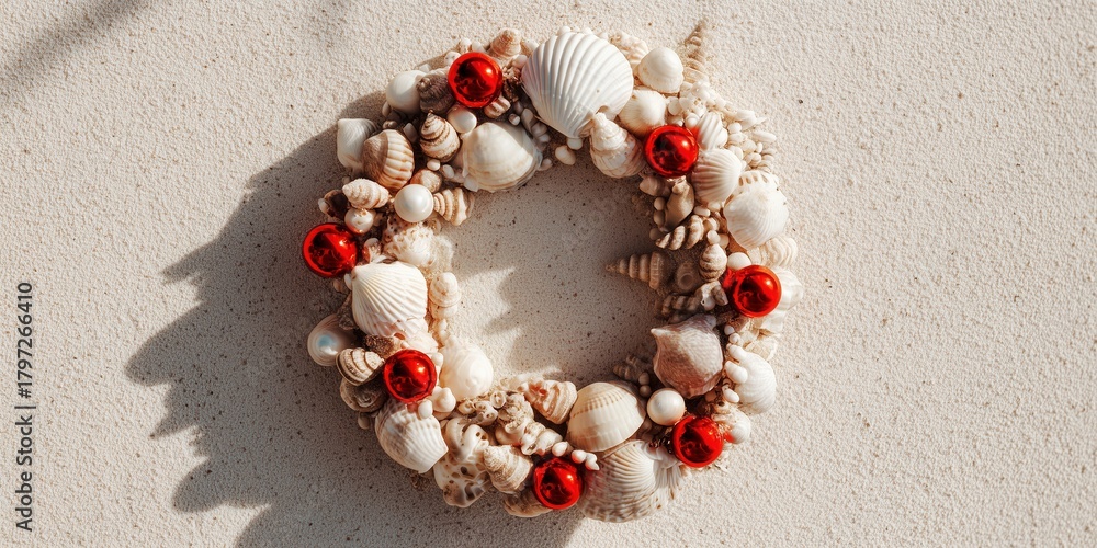 Fototapeta premium Handmade wreath of seashells and red ornaments lies on sandy beach background. A tropical twist on traditional Christmas decor for coastal holiday vibes.