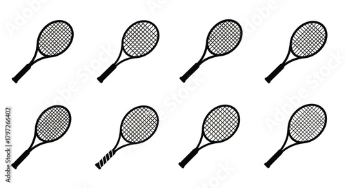 Black and white illustration of multiple tennis rackets in various positions